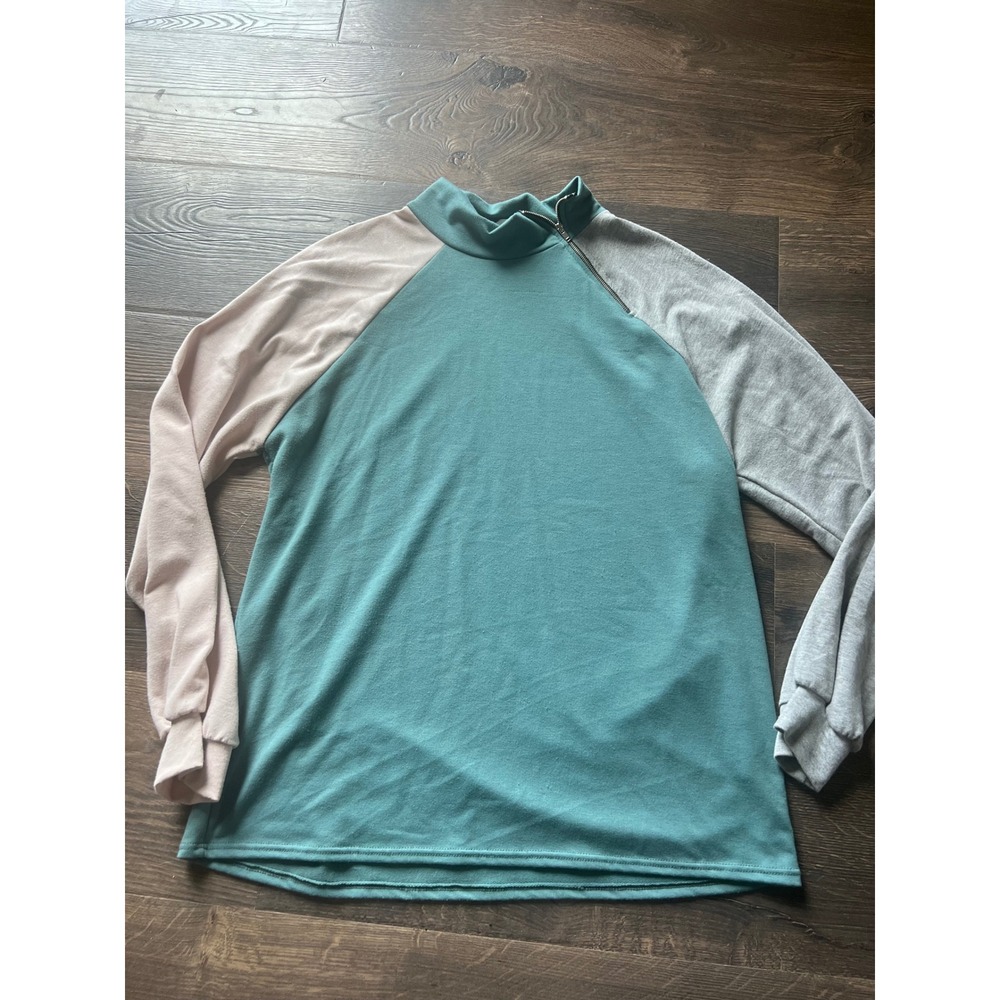BiBi Womens Colorblock Quarter Zip Mock Neck Sweatshirt Teal Pink Grey Large